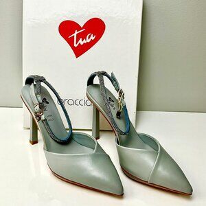 Braccialini  Grey Calf Leather Pumps Crystal Ankle Strap Heel 5" EU 38 Italy